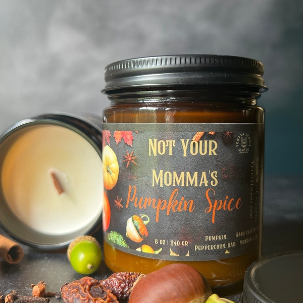 Not Your Mommas Pumpkin Spice, soy wax, wooden wick, pumpkin, Peppercorn, Oud, luxury pumpkin scent, slow burning, Holiday Candle, boho