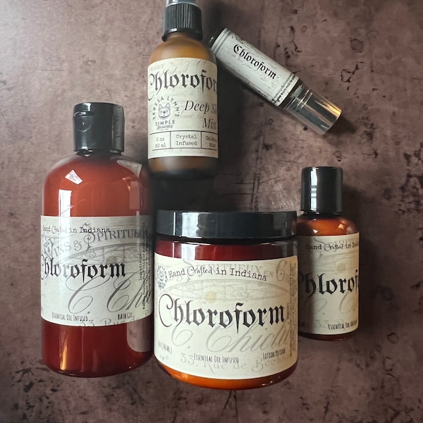 Chloroform Scented Body Care: Essential Oil Infused Lotion & Spray
