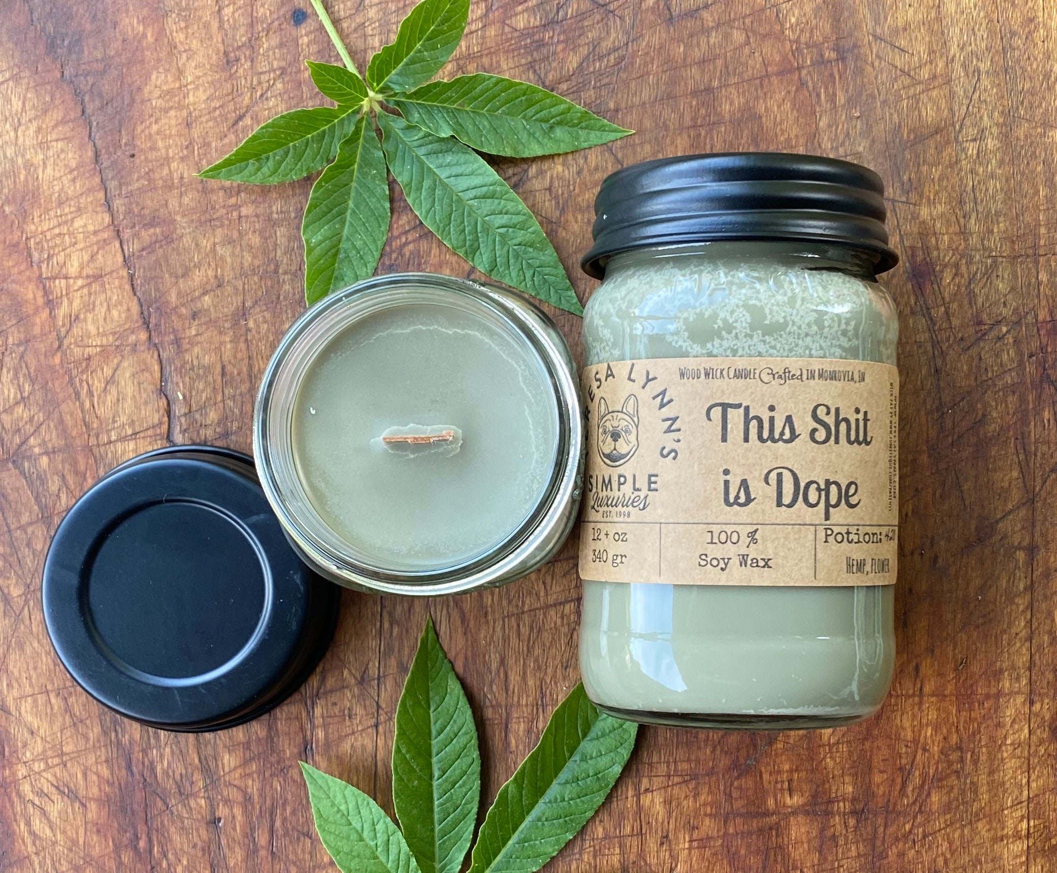 This Shit is Dope, wooden wick, soy candle, hemp scented