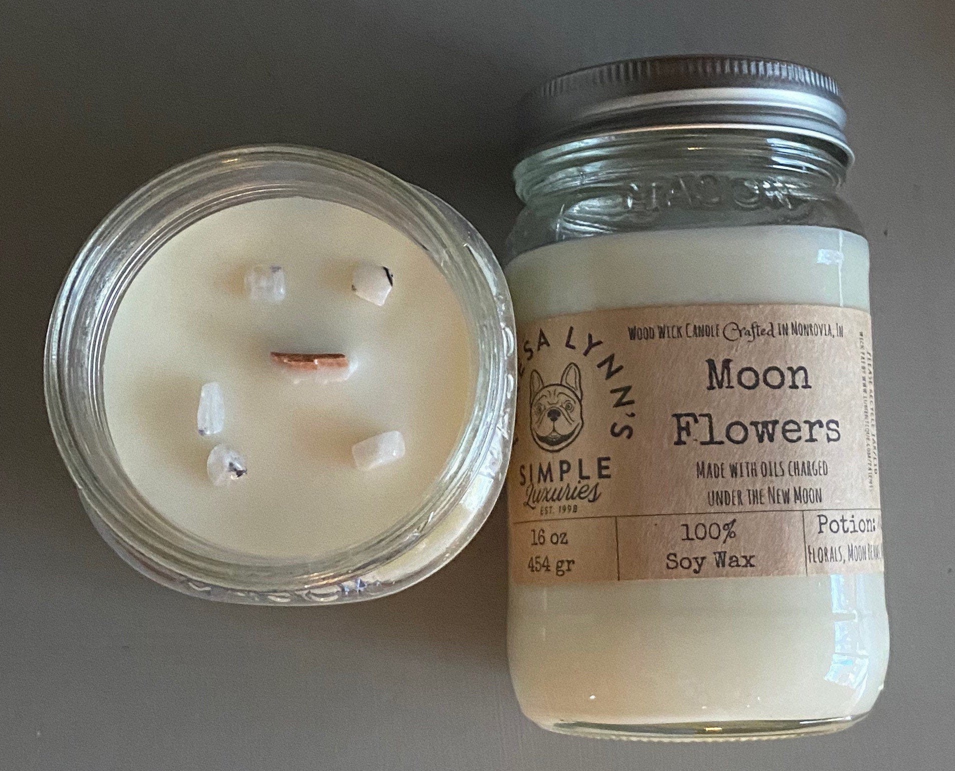Moon Flower, scented candle, wooden wick, 100 soy candle, handmade