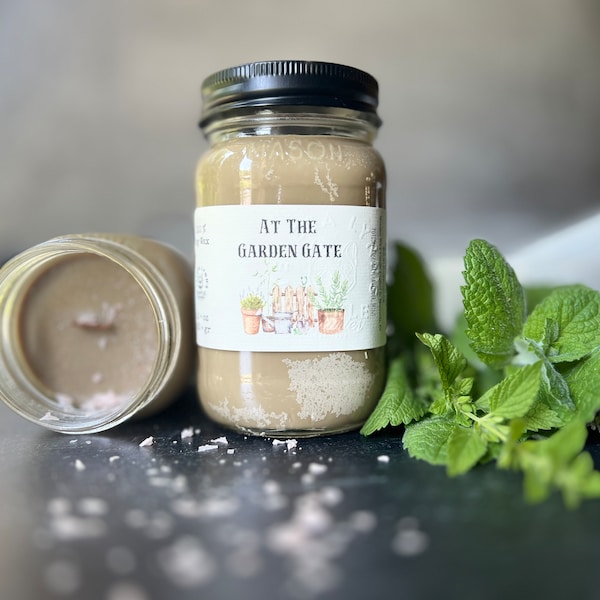 At The Garden Gate Candle- Wooden Wick Soy Wax - Rosemary, Mint, and Lavender