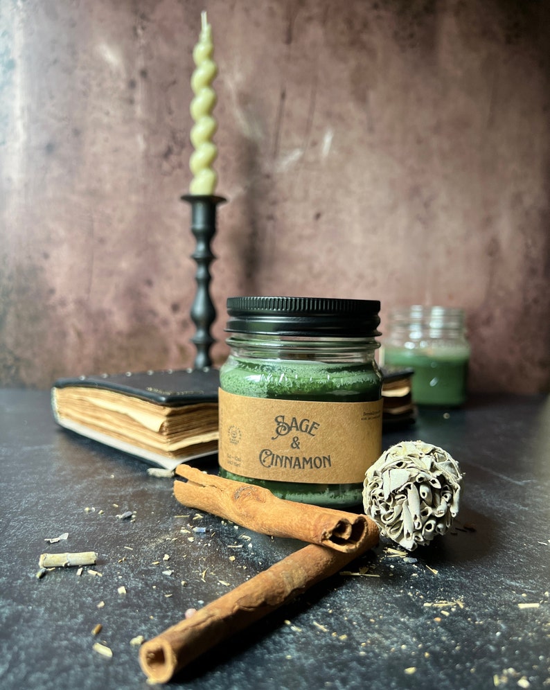 Sage and Cinnamon, wooden wick, soy wax candle, home fragrance, winter scent, cottage chic, witchy scent, mason jar candle, farmhouse candle image 10