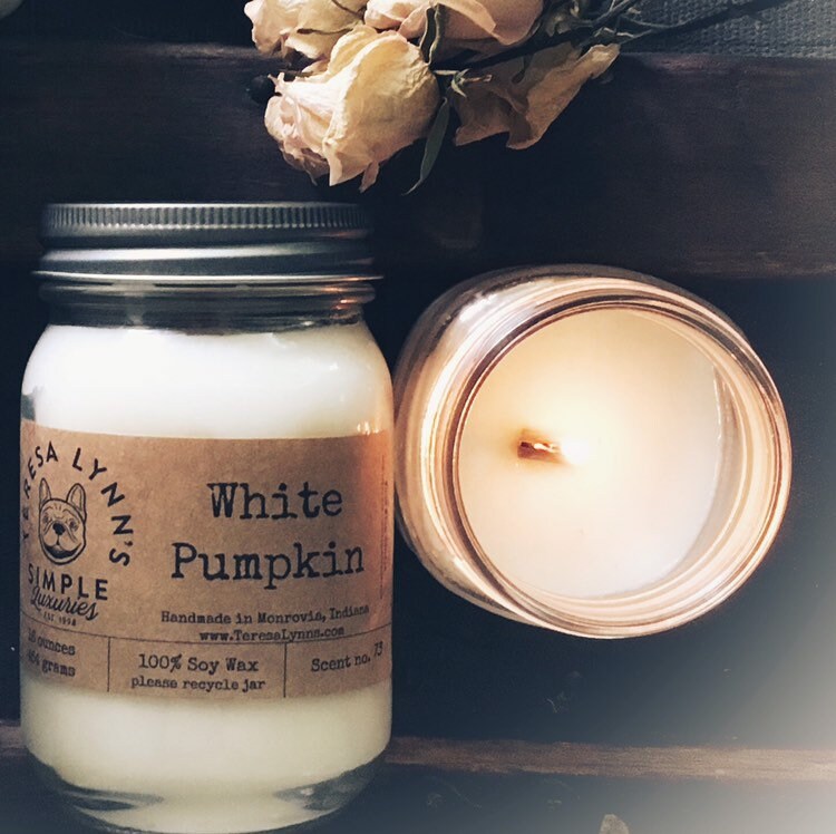 White Pumpkin Soy candle wooden wick Handmade sweet spice Fall wedding Farmhouse