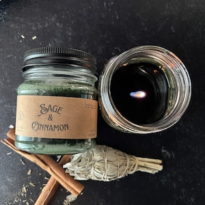 Sage and Cinnamon, wooden wick, soy wax candle, home fragrance, winter scent, cottage chic, witchy scent, mason jar candle, farmhouse candle Half Pint Jar