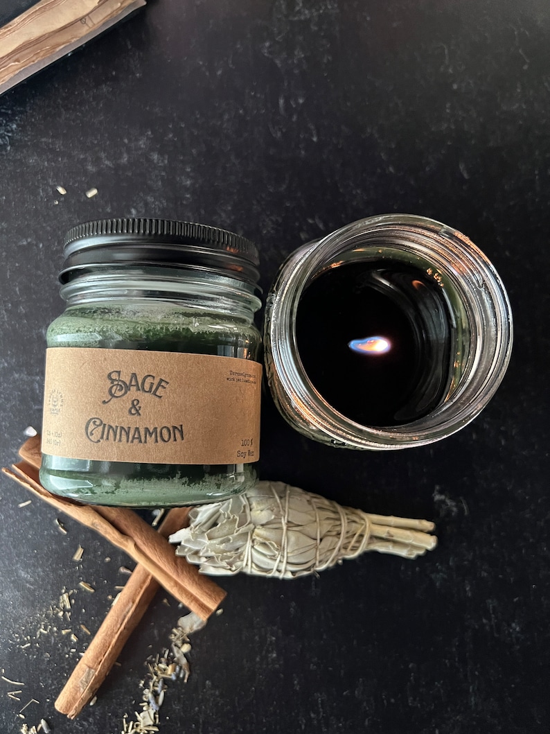 Sage and Cinnamon, wooden wick, soy wax candle, home fragrance, winter scent, cottage chic, witchy scent, mason jar candle, farmhouse candle Half Pint Jar