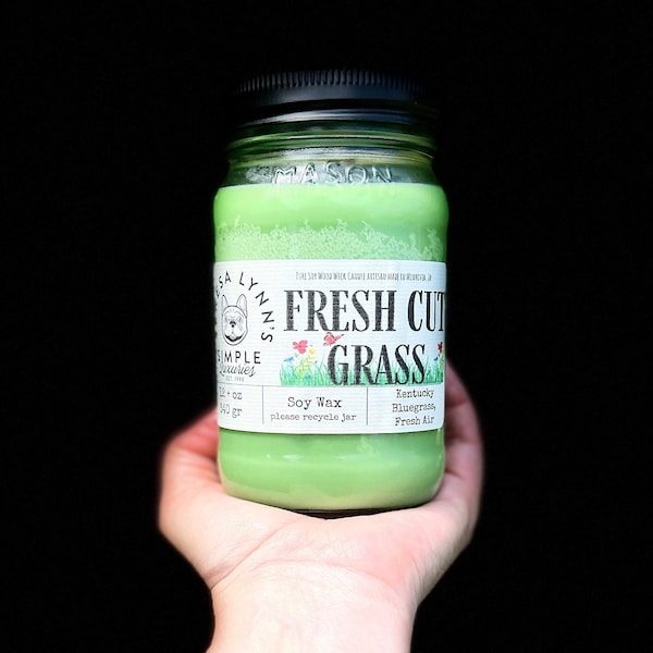 Fresh Cut grass, wooden wick, soy wax candle