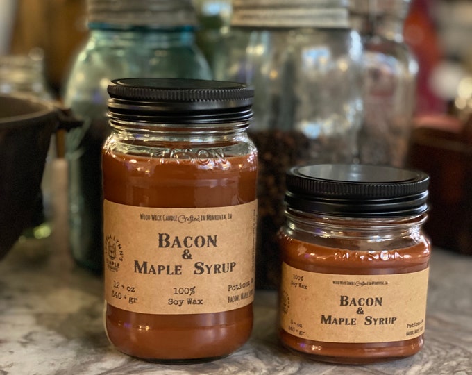 Bacon and Maple syrup candle, wooden wick, soy wax, gift for him, mason jar candle, bacon, gift for Dad, smoke, apple wood, gourmand, foodie