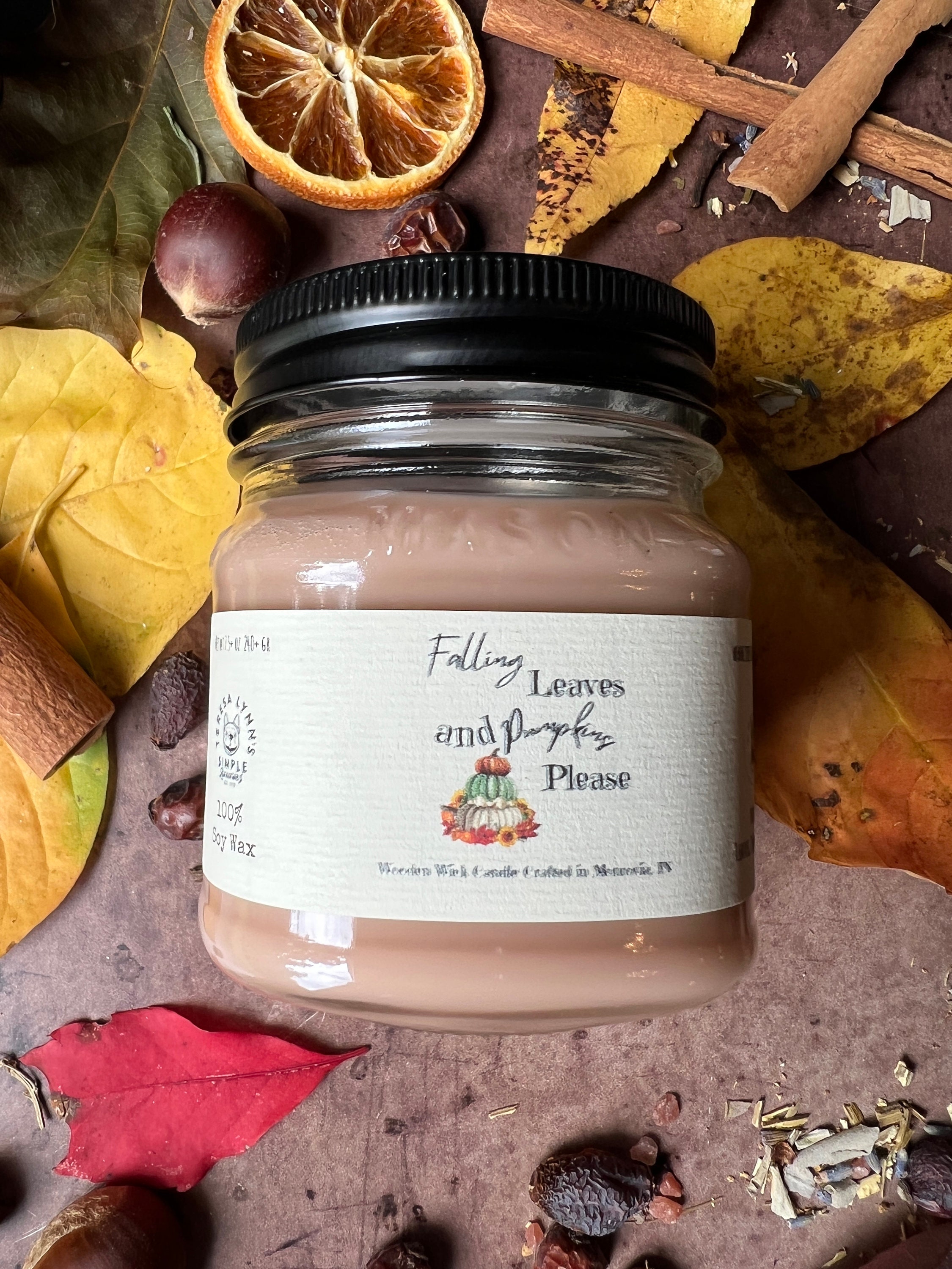 Falling Leaves and Pumpkins Please, soy wax wooden wick candle, fall