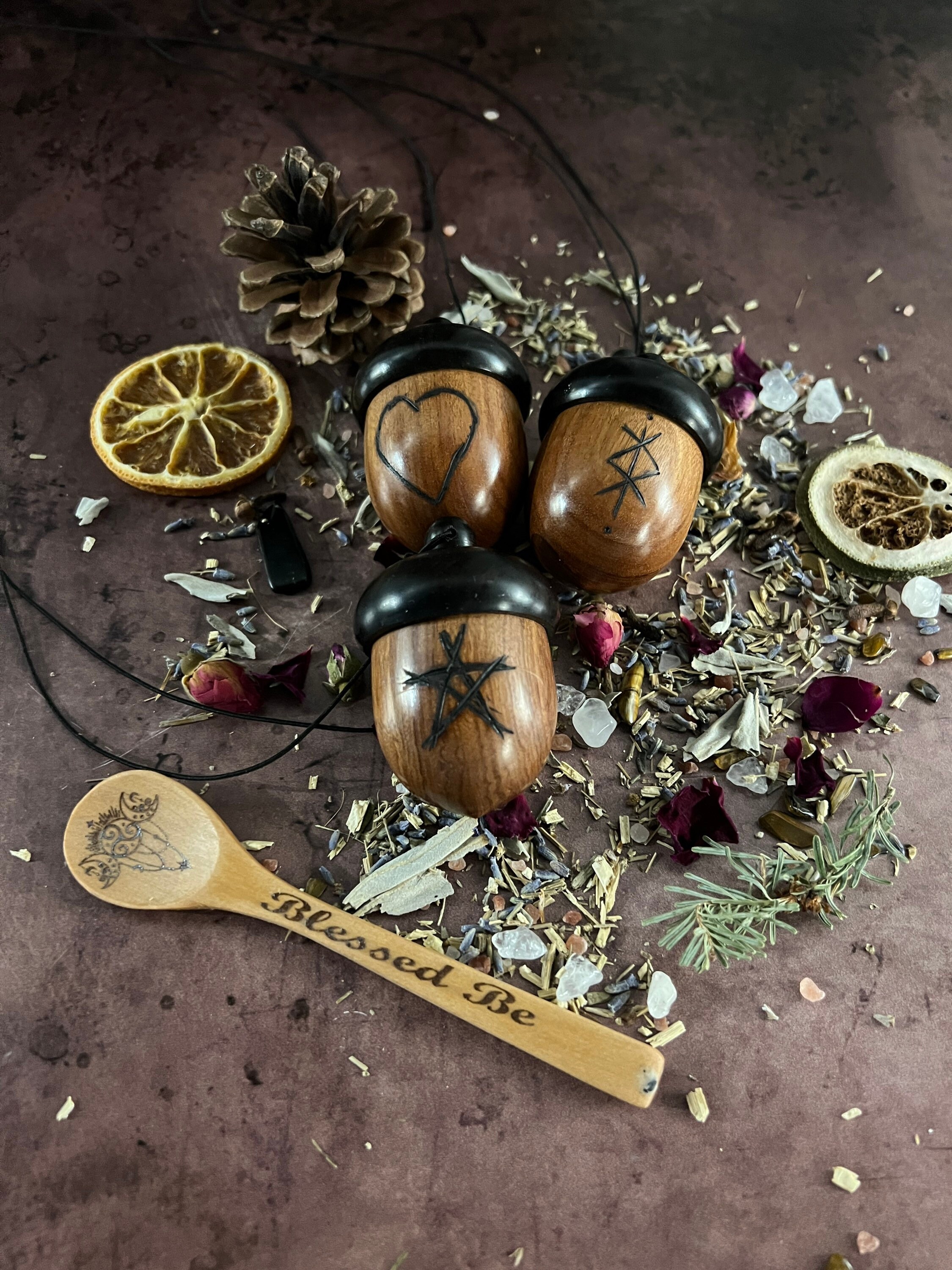 Acorn diffuser - with wood burned rune, protection charm, scent, car ...