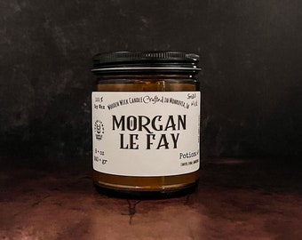 Morgan le Fay,  wooden wick, soy candle, luxury candle, sultry, witch, patchouli, jasmine, oud, frankincense, myrrh, ember