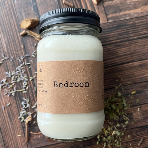 Vela para dormitorio, aroma a lavanda y pachulí, tarro de soja, mecha de madera