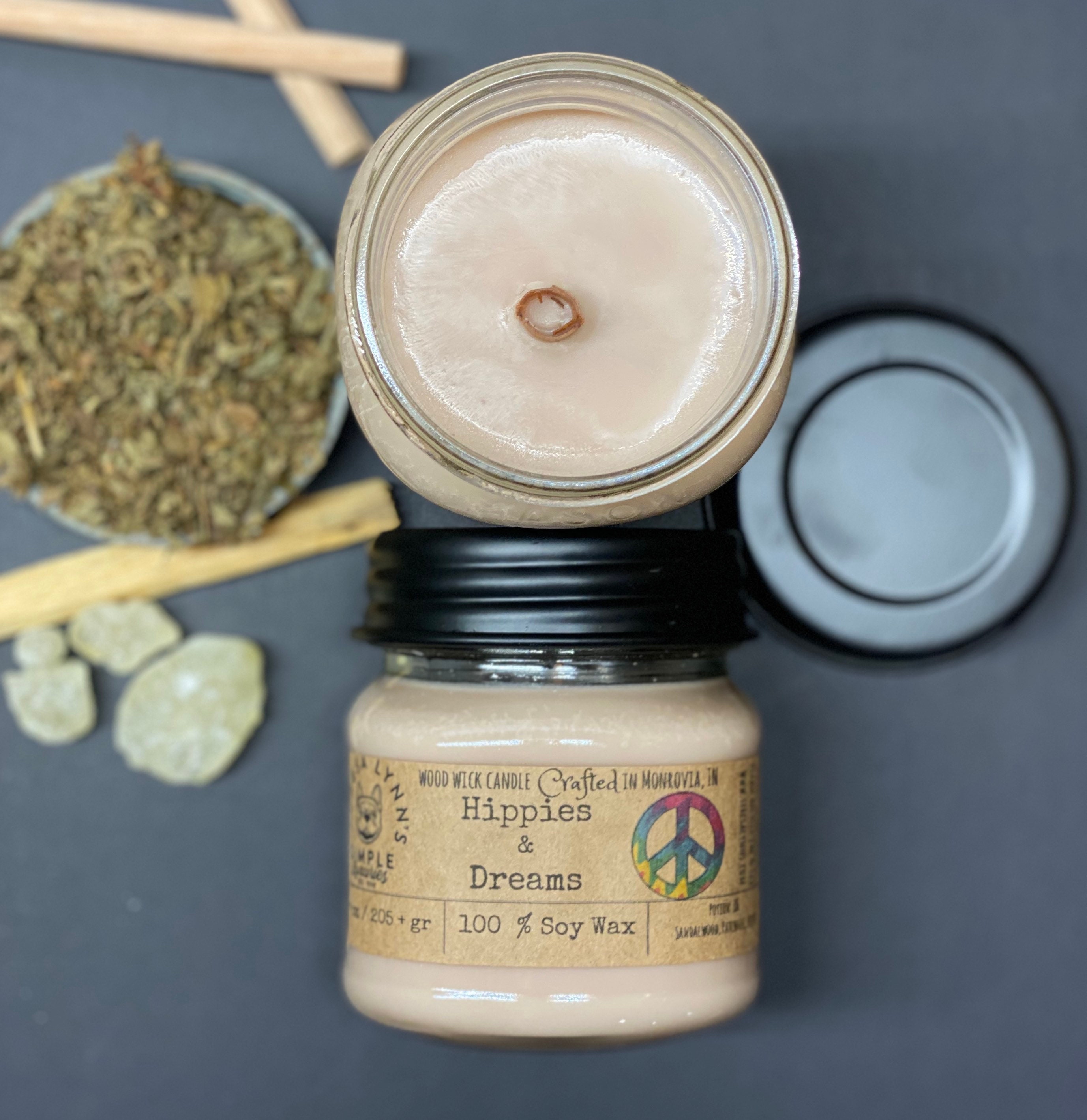 Hippies and Dreams, Sandalwood, Patchouli, Vetiver, woodwick, wood wick