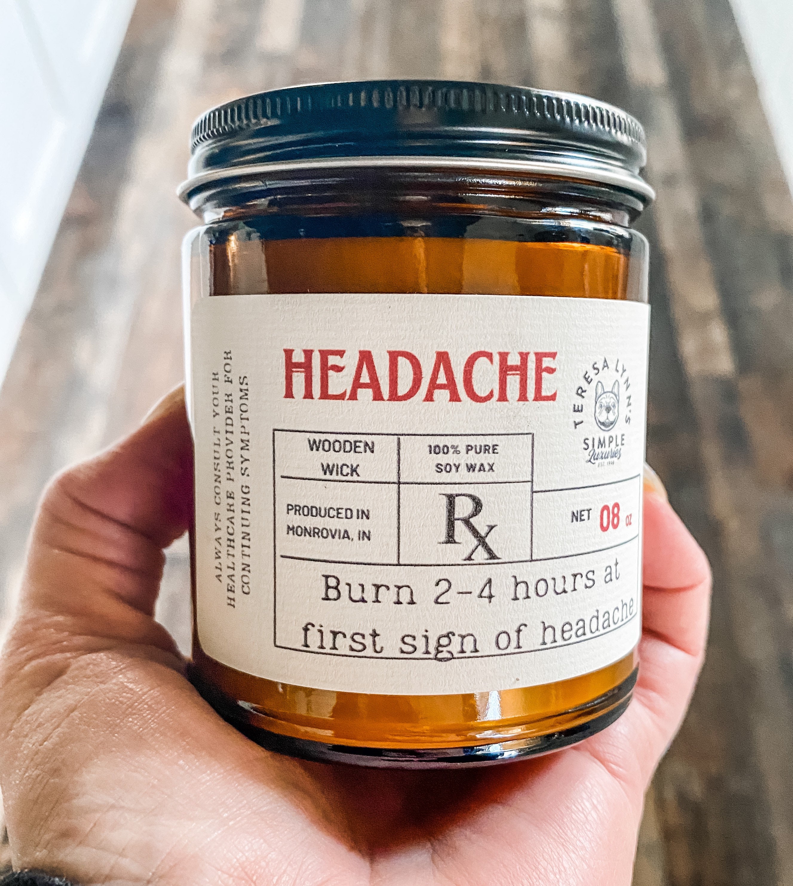 Headache, wooden wick, aromatherapy candle, soy wax candle
