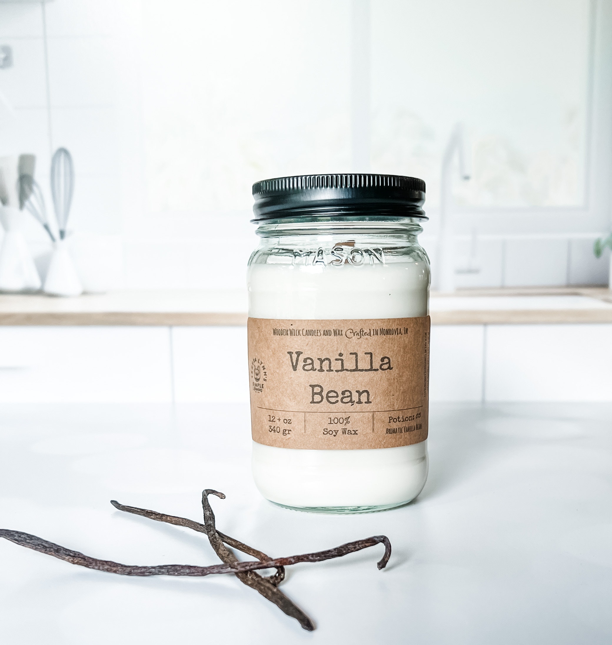 Vanilla Bean Wooden Wick, 100% Soy Wax Candle 