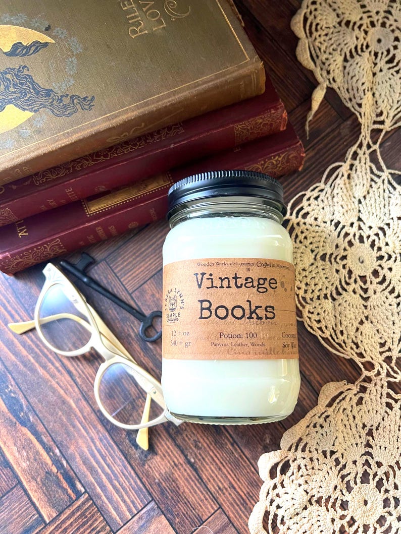 Vintage Books - Scented, Wooden Wick Coconut Soy Candle image 1