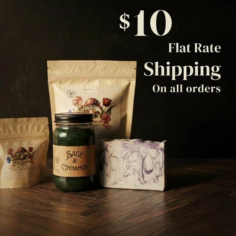 May include: An assortment of natural products, including a jar of green substance labeled "Sage & Cinnamon", a bar of marbled soap, and two small bags with floral and mushroom illustrations. The image also includes the text "Flat Rate Shipping On all orders".