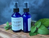 Fresh Kicks, shoe refresher, natural odor relief, foot care, essential oil, peppermint, witch hazel, preservative free, alcohol spray,