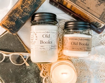 Old Books scented candle, vintage, soy wax, handmade candle, aromatherapy candle, wooden wick, French bulldog, bibliophile, book collector