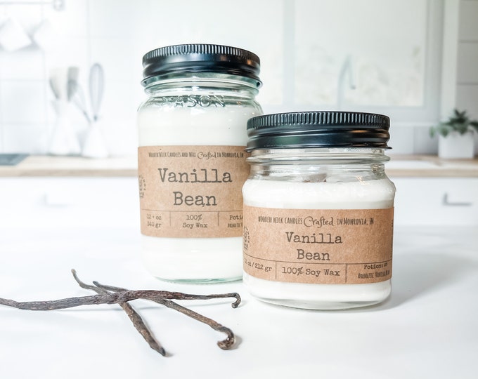 Featured listing image: Vanilla Bean wooden wick, 100% soy, handmade, phthalate free fragrance essential oil blend, eco friendly, soy wax, candle, farmhouse