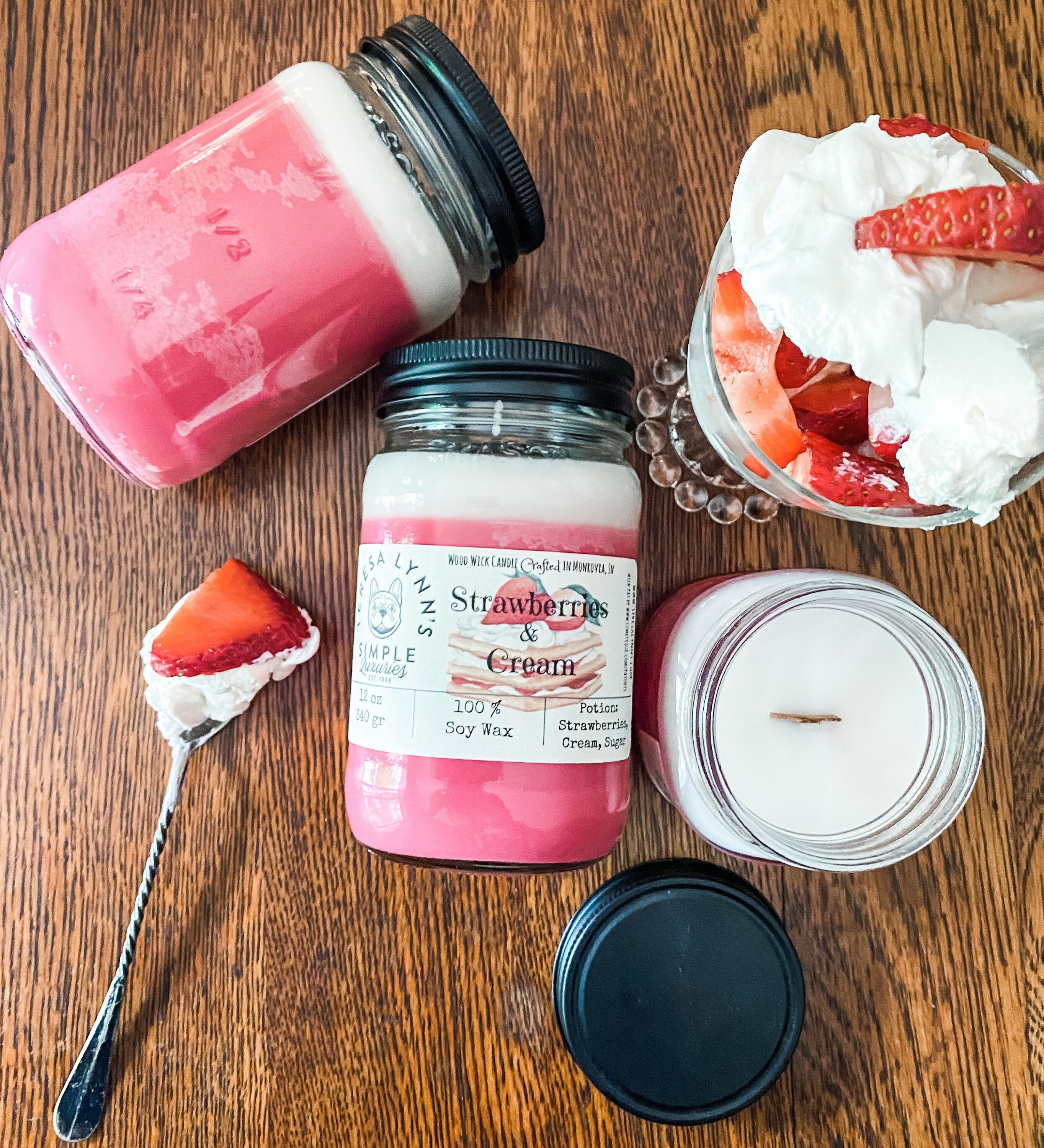 fruit candle scented candle strawberry candle mason jar candle Strawberries and Cream wood wick berry candle fresh scent soy candle