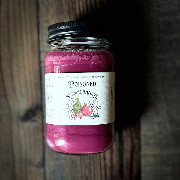 Poisoned Pomegranate, wooden wick, Fruit, Almond, Soy candle, Handmade, long burning candle, Farmhouse, phthalate free, kitchen candle