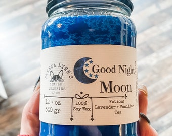 Good Night Moon, Wooden wick soy candle, anxiety relief, relaxation candle, hand crafted, self care, crackling, Lavender, Tuberose