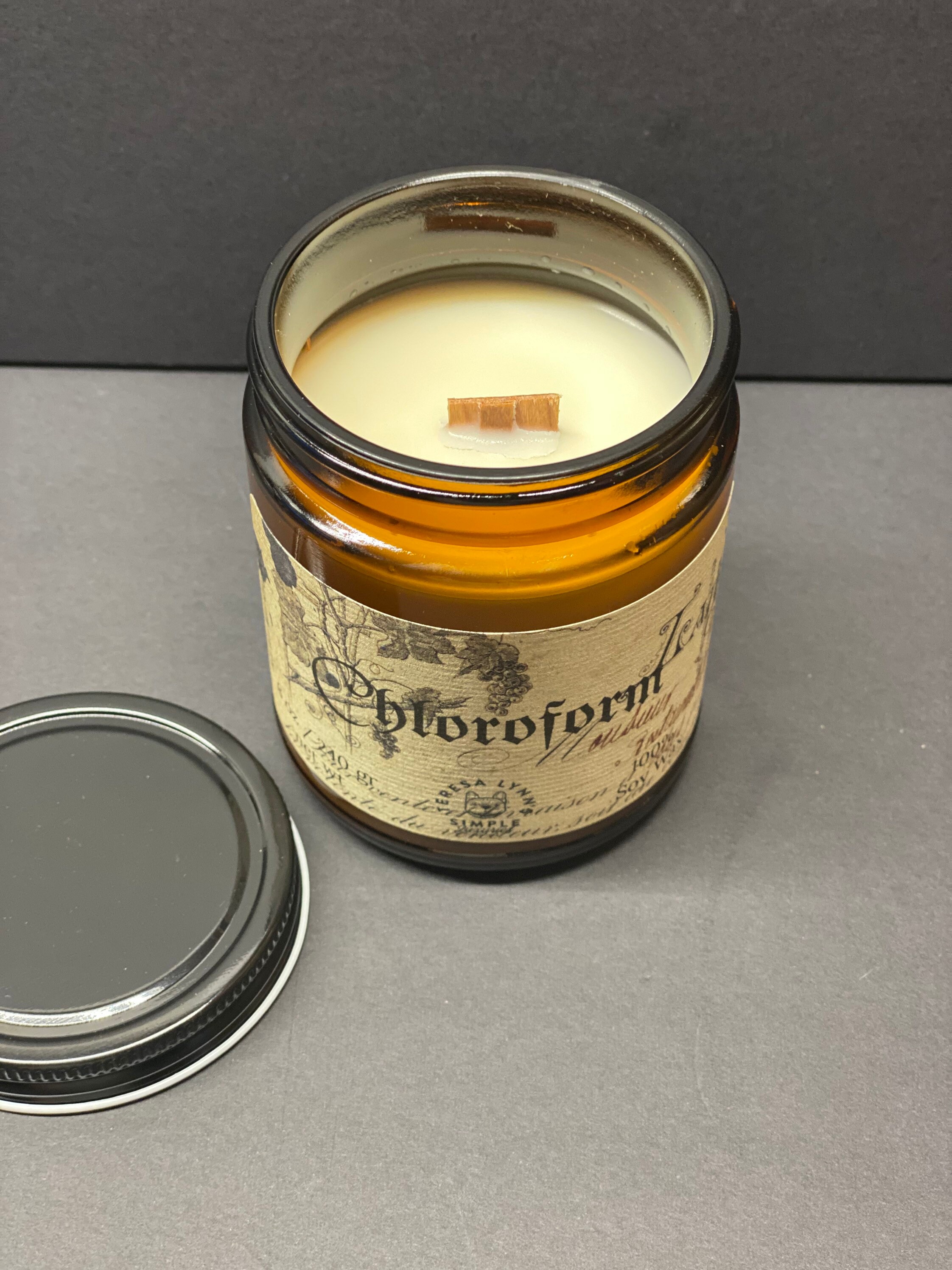 Chloroform, wood wick, soy candle, amber jar, sleep candle, bedroom