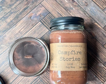 Campfire Stories, soy wax, wooden wick candle scented with campfire marshmallows, embers and coffee