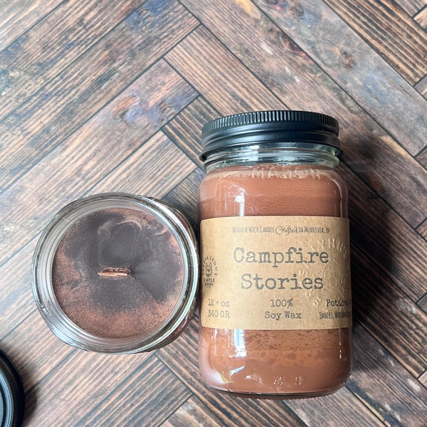 Campfire Stories, soy wax, wooden wick candle scented with campfire marshmallows, embers and coffee