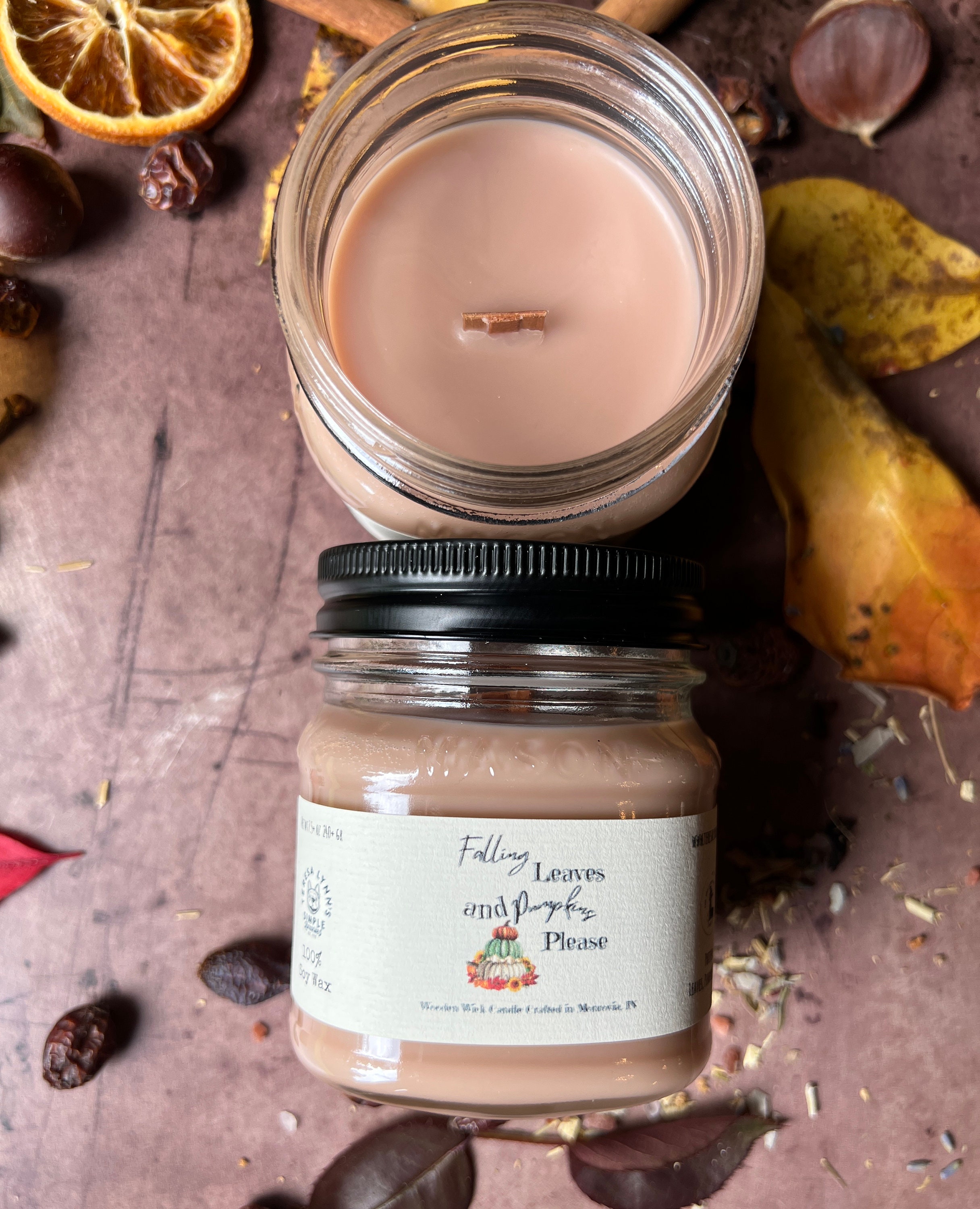Falling Leaves and Pumpkins Please, soy wax wooden wick candle, fall