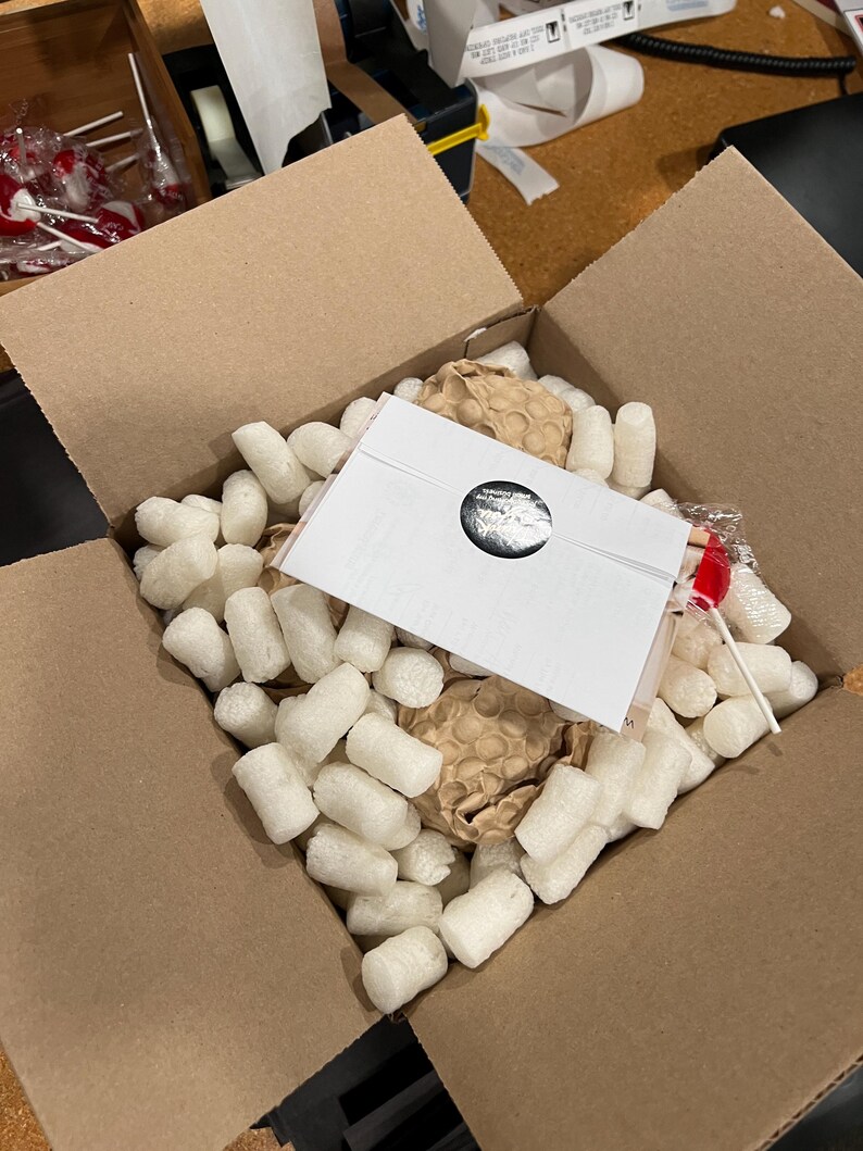 Pode incluir: Uma caixa de envio quadrada de papel&atilde;o preenchida com flocos de espuma branca e papel de embalagem tipo colmeia marrom. Um cart&atilde;o retangular branco com um adesivo preto circular est&aacute; colocado sobre o enchimento, junto a um pirulito vermelho e branco.