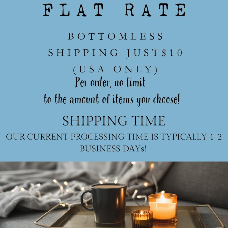 Puede incluir: Una taza de cer&aacute;mica negra se encuentra sobre una bandeja de metal dorado junto a dos velas encendidas. La imagen contiene el texto: FLAT RATE BOTTOMLESS SHIPPING JUST $10 (USA ONLY) Per order, no limit to the amount of items you choose! SHIPPING TIME OUR CURRENT PROCESSING TIME IS TYPICALLY 1-2 BUSINESS DAYS!