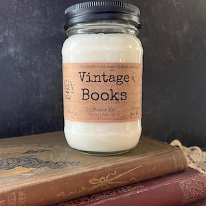 Vintage Books - Scented, Wooden Wick Coconut Soy Candle Pint Mason oz