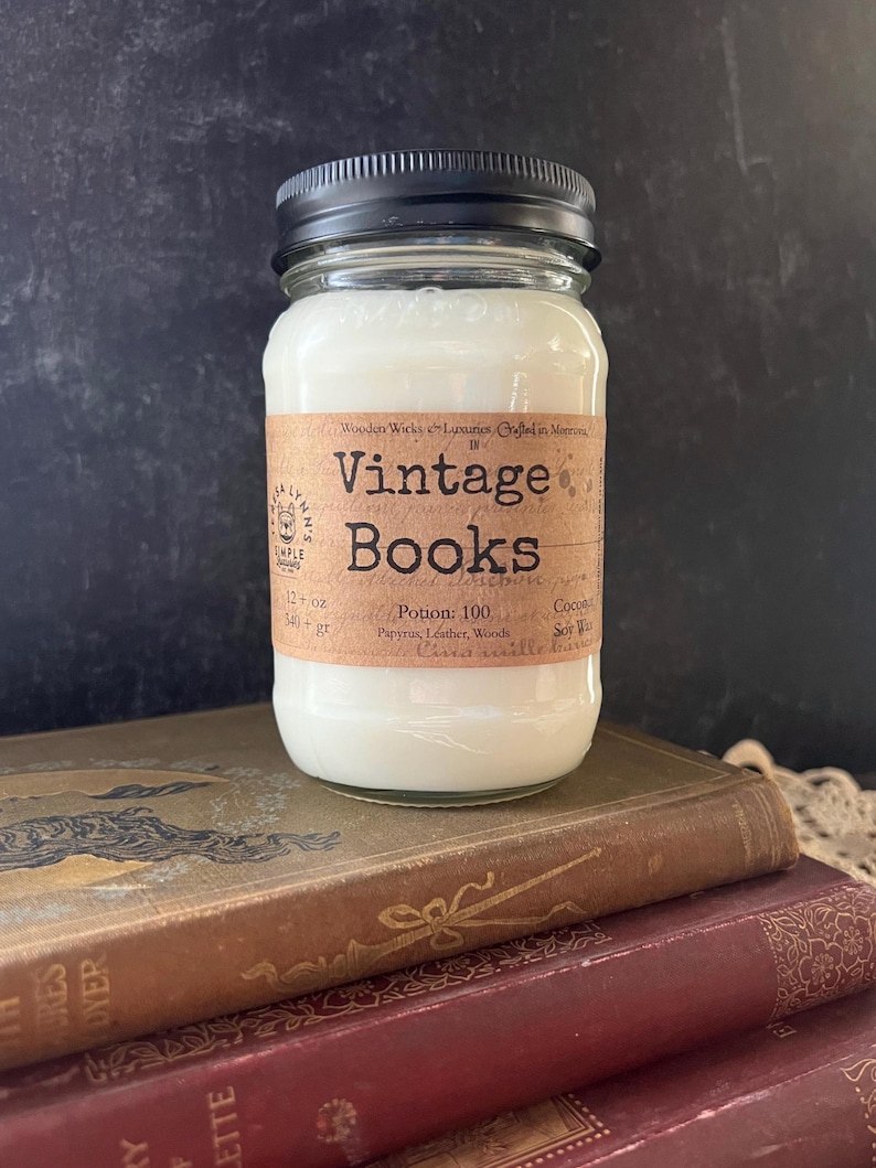Vintage Books - Scented, Wooden Wick Coconut Soy Candle Pint Mason oz
