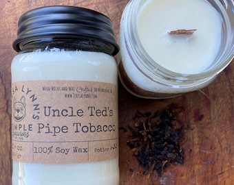 Uncle Teds, Vanilla Pipe Tobacco, scented soy wax, wooden wick candle, Pipe, nostalgia, home fragrance, tobacco, gift for him, home decor