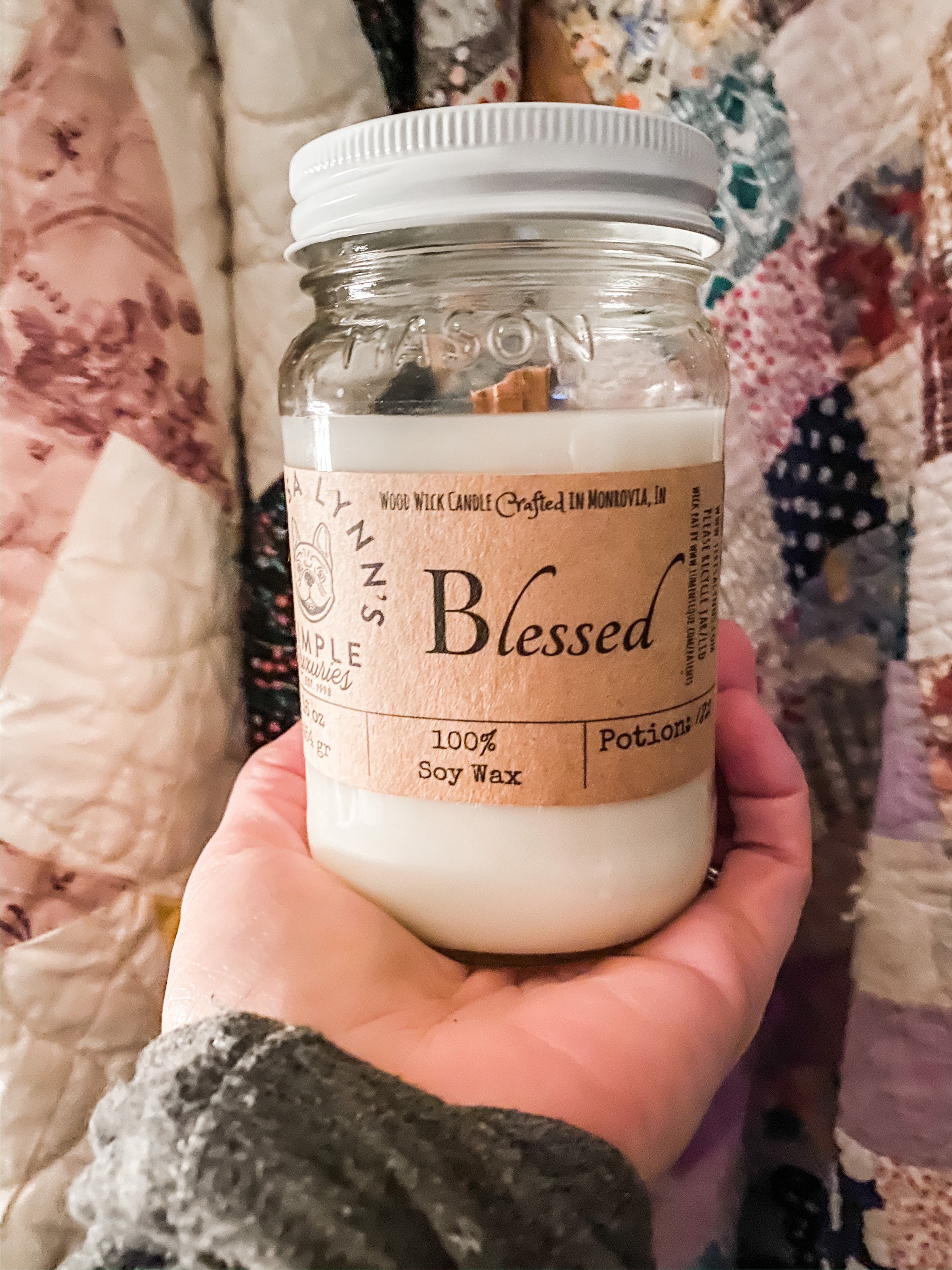 Blessed, soy candle, wooden wick, calming, meditation, anxiety relief, phthalate free, carbon