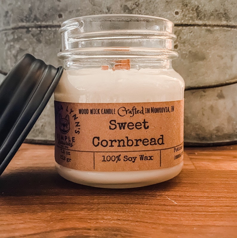 Sweet Cornbread, Soy, candle, wooden wick, Corn Muffin, Phthalate free, farmhouse, kitchen candle, clean burn, southern, primitive, gourmand Half Pint Mason Jar