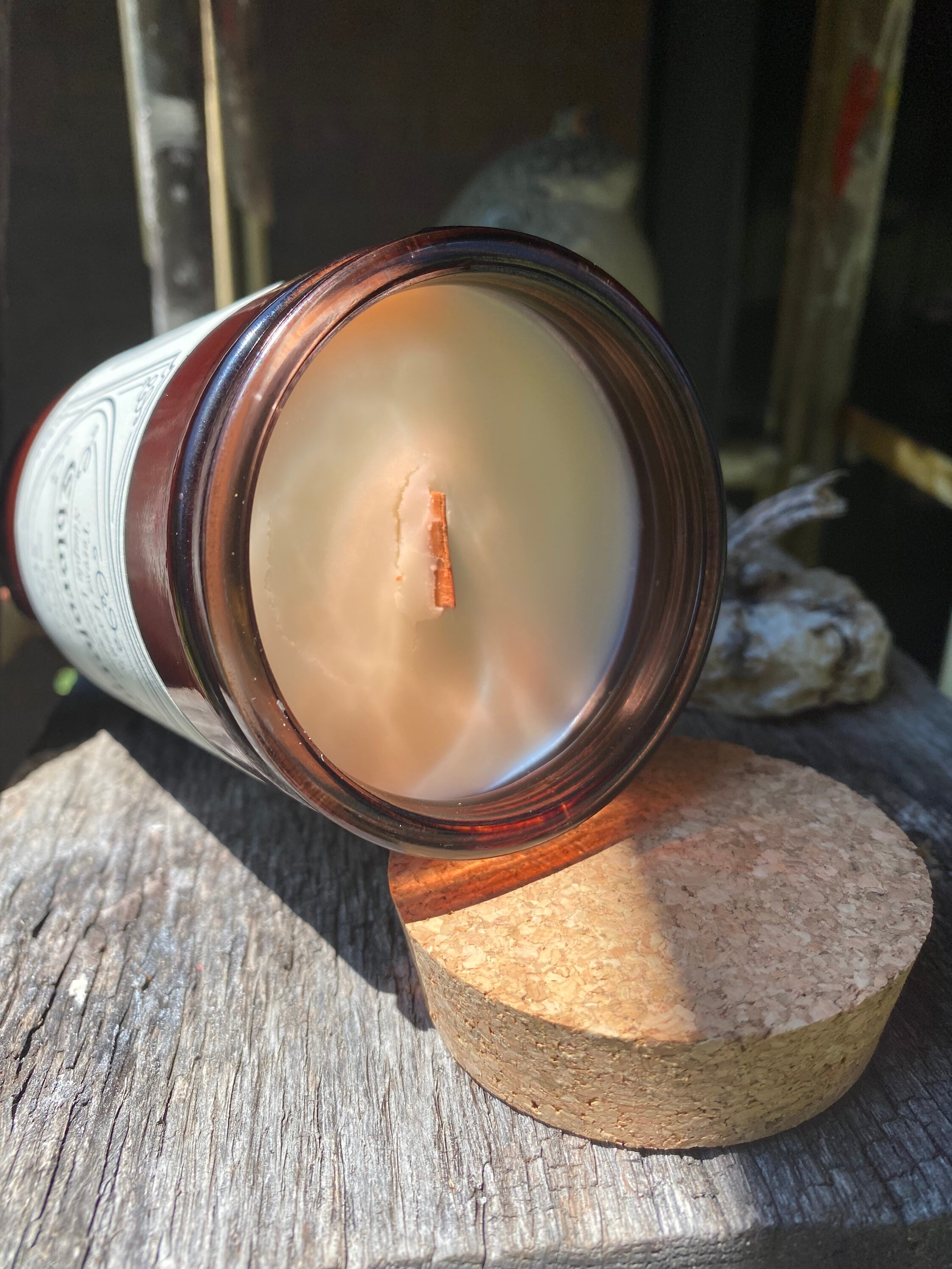 Chloroform, wood wick, soy candle, amber jar, sleep candle, bedroom