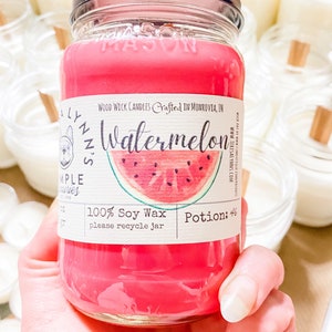 Watermelon wooden wick soy wax mason jar candle, fruit candle, soy candle, handmade, phthalate free, eco friendly, wooden wick, summer