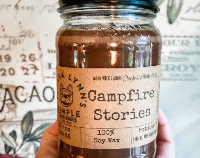 Campfire Stories, Soy Wax wooden wick candle scented with campfire marshmallows, embers and coffee