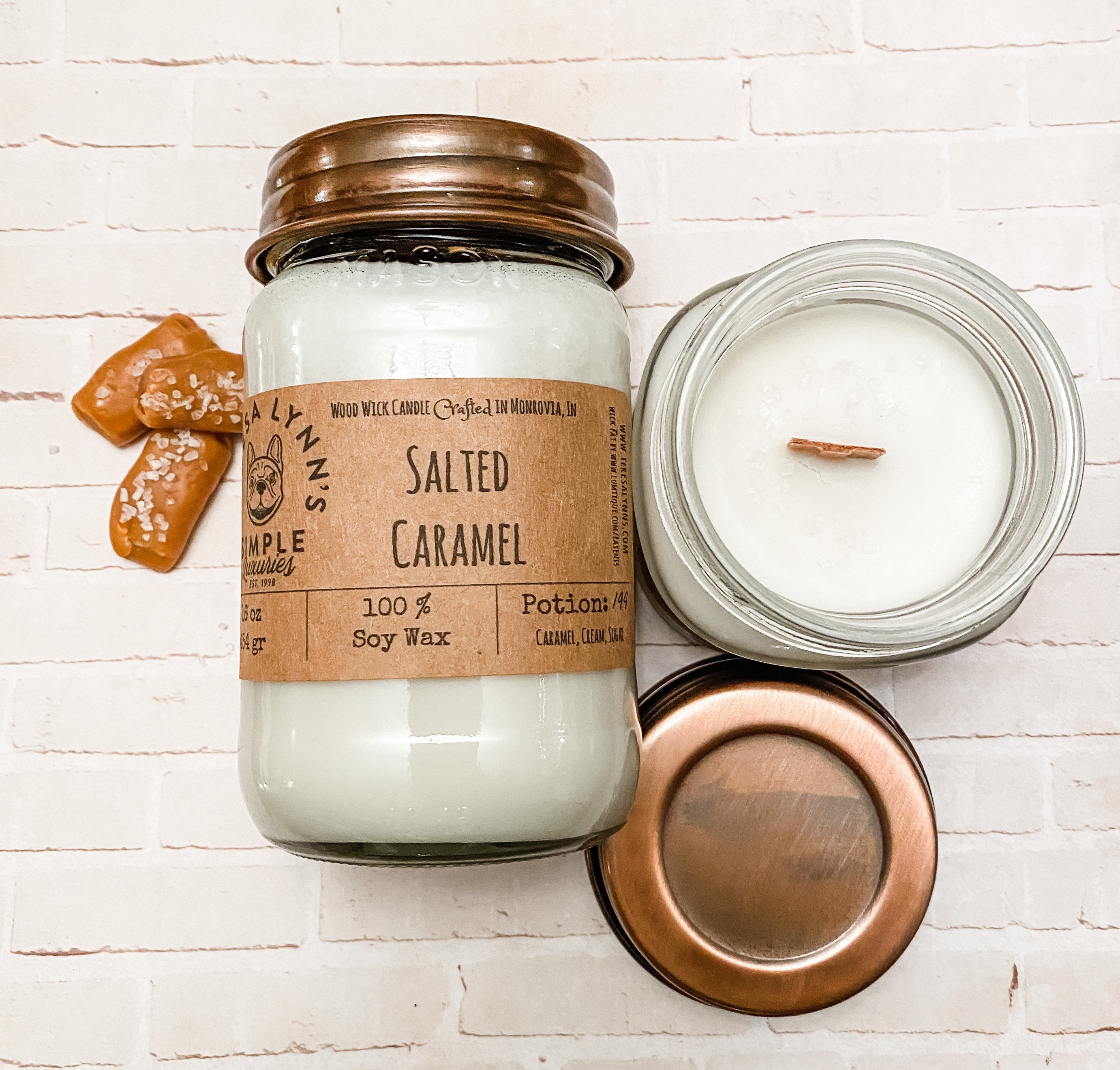 Salted Caramel, spice, Mason Jar Candle, Soy candle, Wood Wick