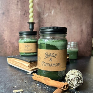 Sage and Cinnamon, wooden wick, soy wax candle, home fragrance, winter scent, cottage chic, witchy scent, mason jar candle, farmhouse candle image 1