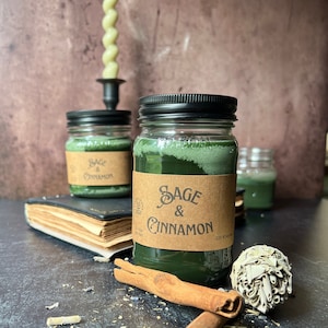 Sage and Cinnamon, wooden wick, soy wax candle, home fragrance, winter scent, cottage chic, witchy scent, mason jar candle, farmhouse candle image 1