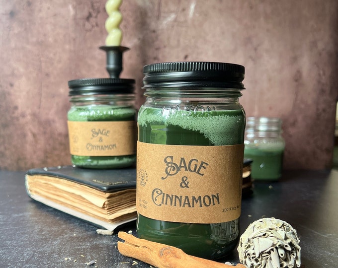 Sage and Cinnamon, wooden wick, soy wax candle, home fragrance, winter scent, cottage chic, witchy scent, mason jar candle, farmhouse candle