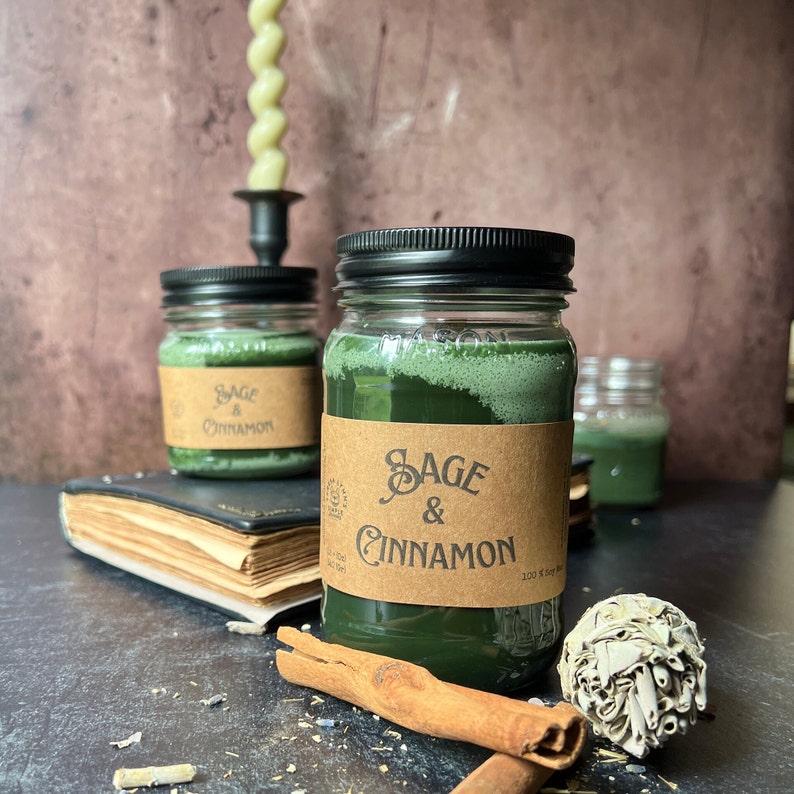 Sage and Cinnamon, wooden wick, soy wax candle, home fragrance, winter scent, cottage chic, witchy scent, mason jar candle, farmhouse candle image 1
