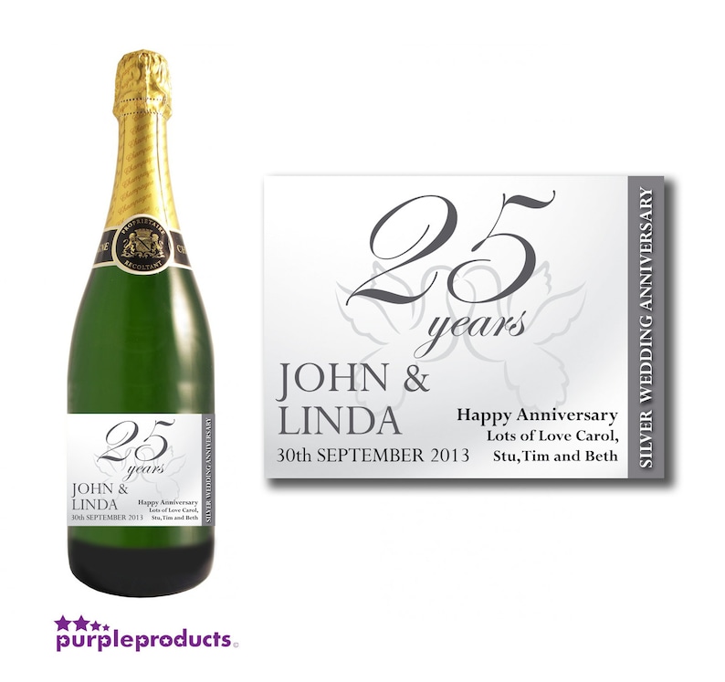 Personalised 25th Silver Wedding Anniversary Wine & Champagne Bottle Gift Present Label image 2