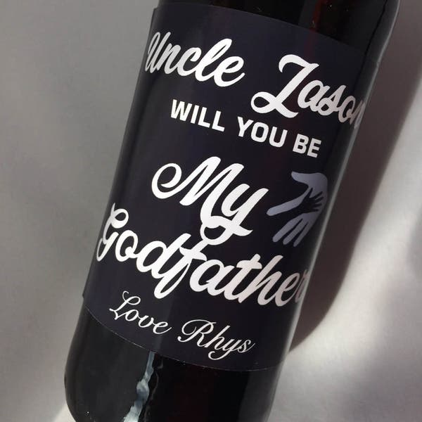 Personalised Will You Be My Godfather Christening Baptism Wine, Champagne or Beer Bottle Label