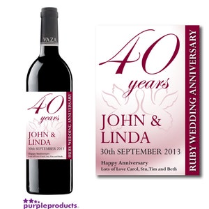 Etiqueta personalizada para regalo de botella de vino y champán para el 40.º aniversario de bodas de rubí