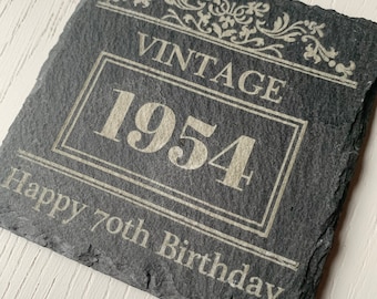 70th Birthday, Vintage 1954 Engraved Slate Drinks Coaster, 70th Birthday Gift for him and her.