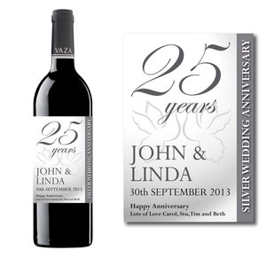 Personalised 25th Silver Wedding Anniversary Wine & Champagne Bottle Gift Present Label image 1